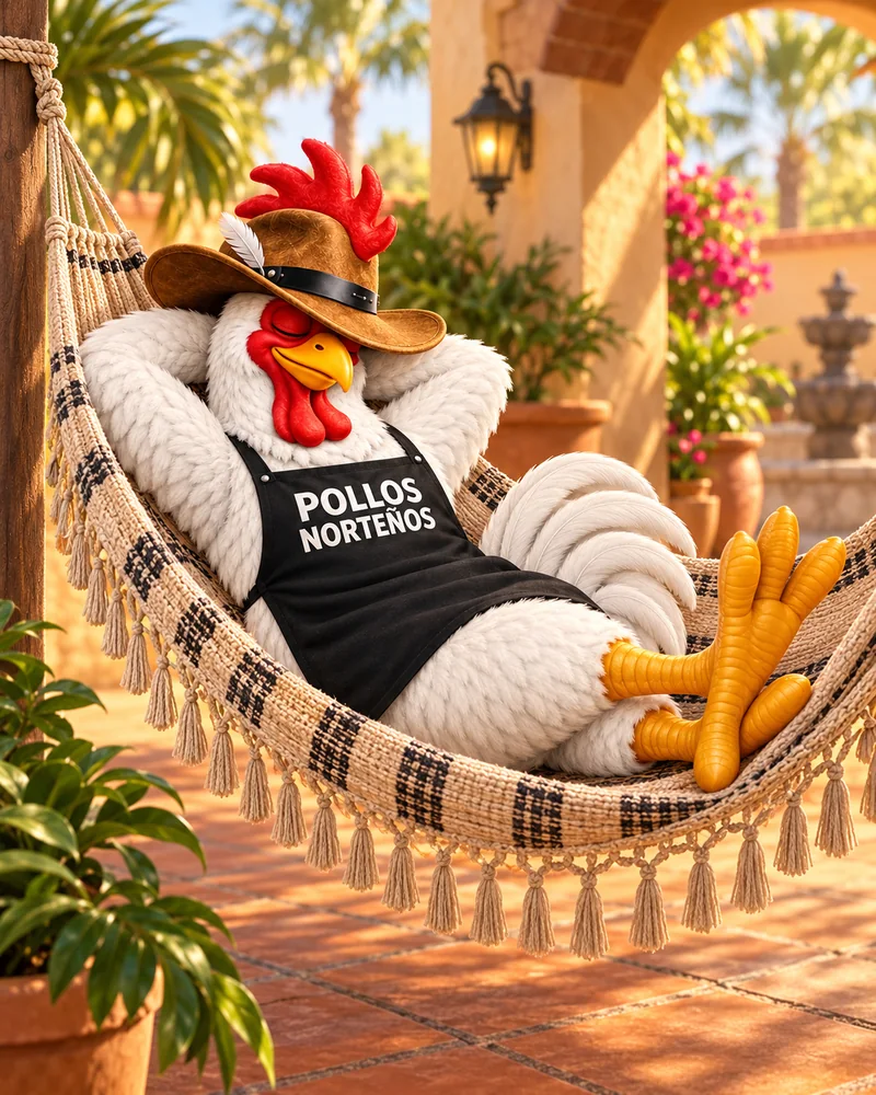 El pollo de Pollos Norte&ntilde;os descansando en una hamaca